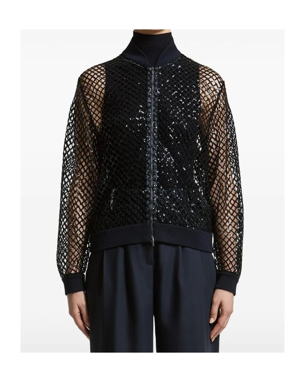 Peserico Black Sequin-Embellished Fishnet Bomber Jacket