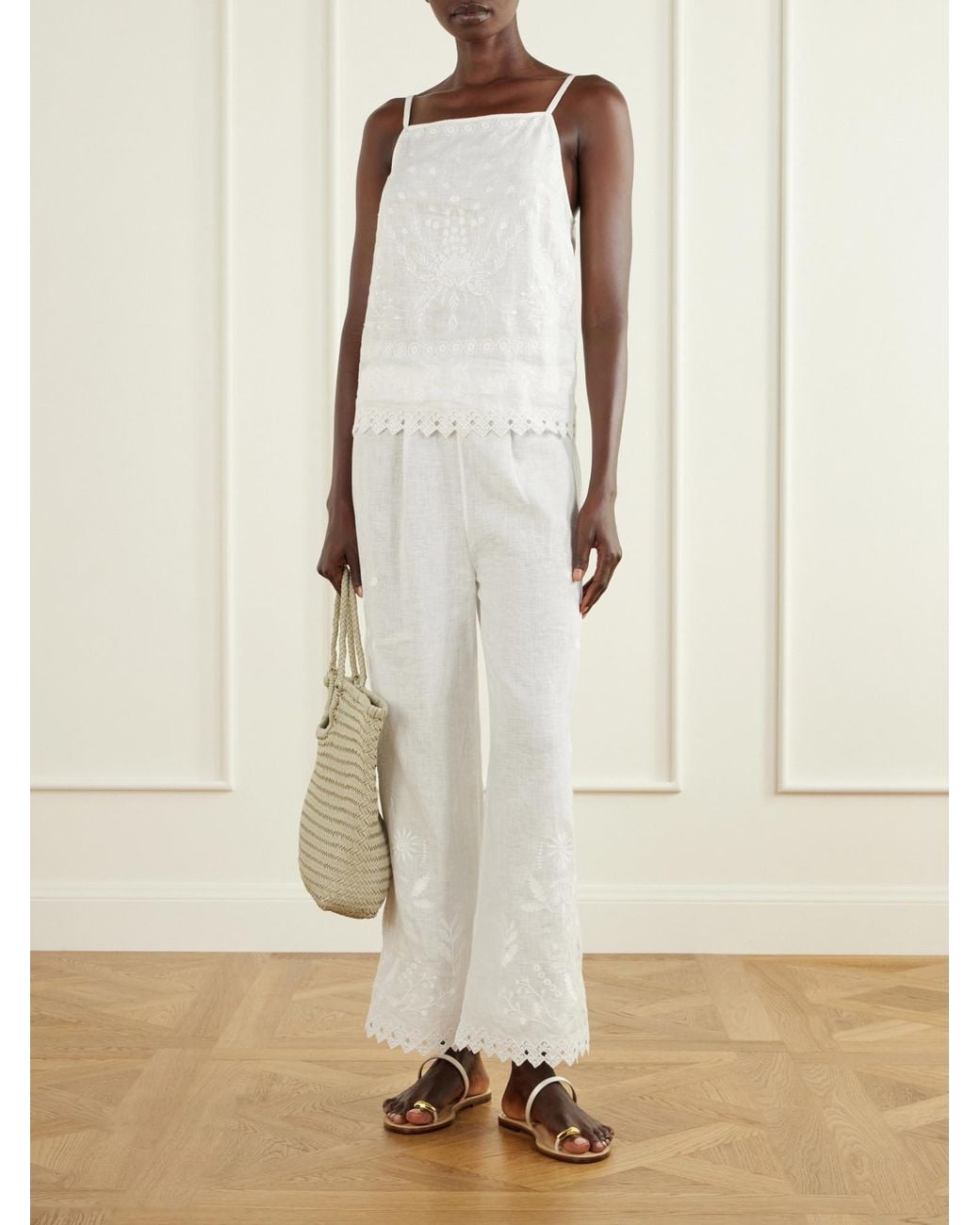 Eres White Embroidered Linen Tank