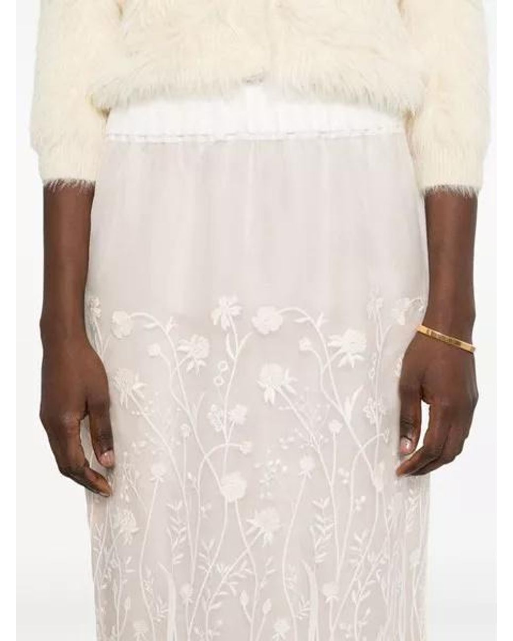 P.A.R.O.S.H. White Floral-Embroidered Midi Skirt