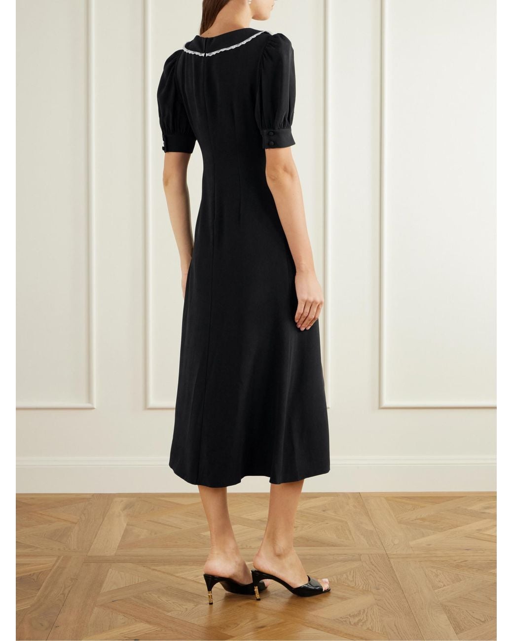 Alessandra Rich Black Lace-Trimmed Crepe-Cady Midi Dress