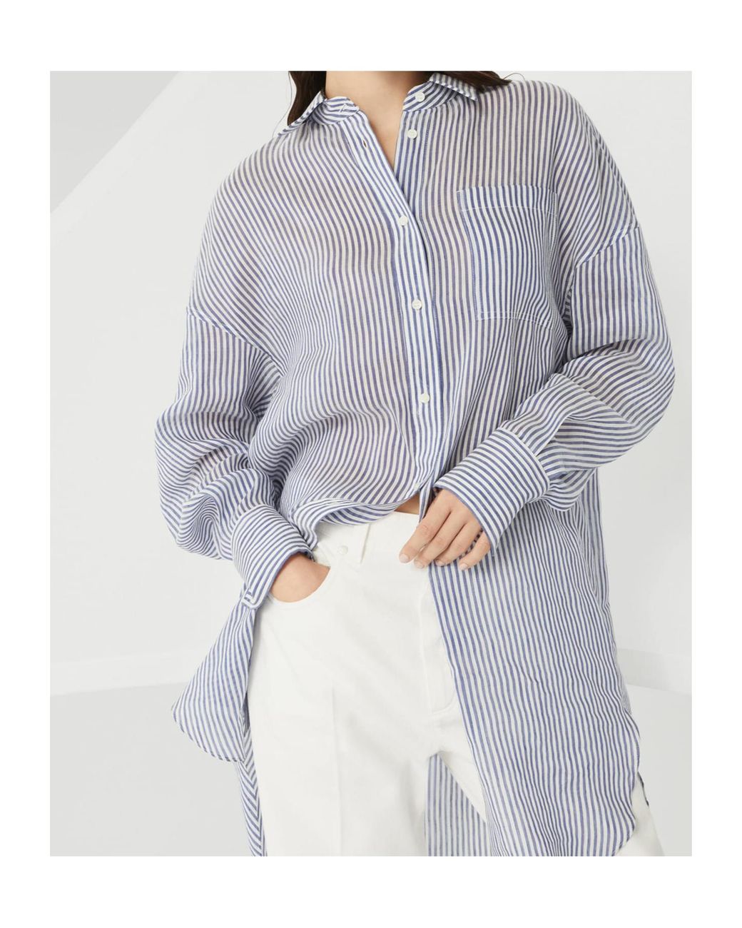 Brunello Cucinelli Blue Monili-Trim Striped Long Shirt