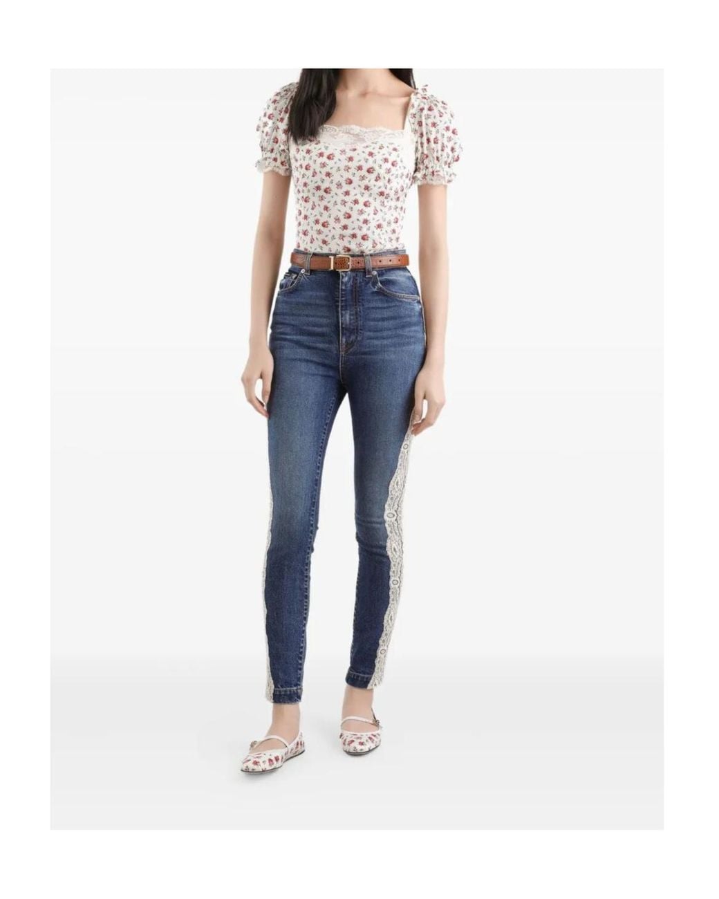 Dolce & Gabbana White Small Rose-Printed Charmeuse Top