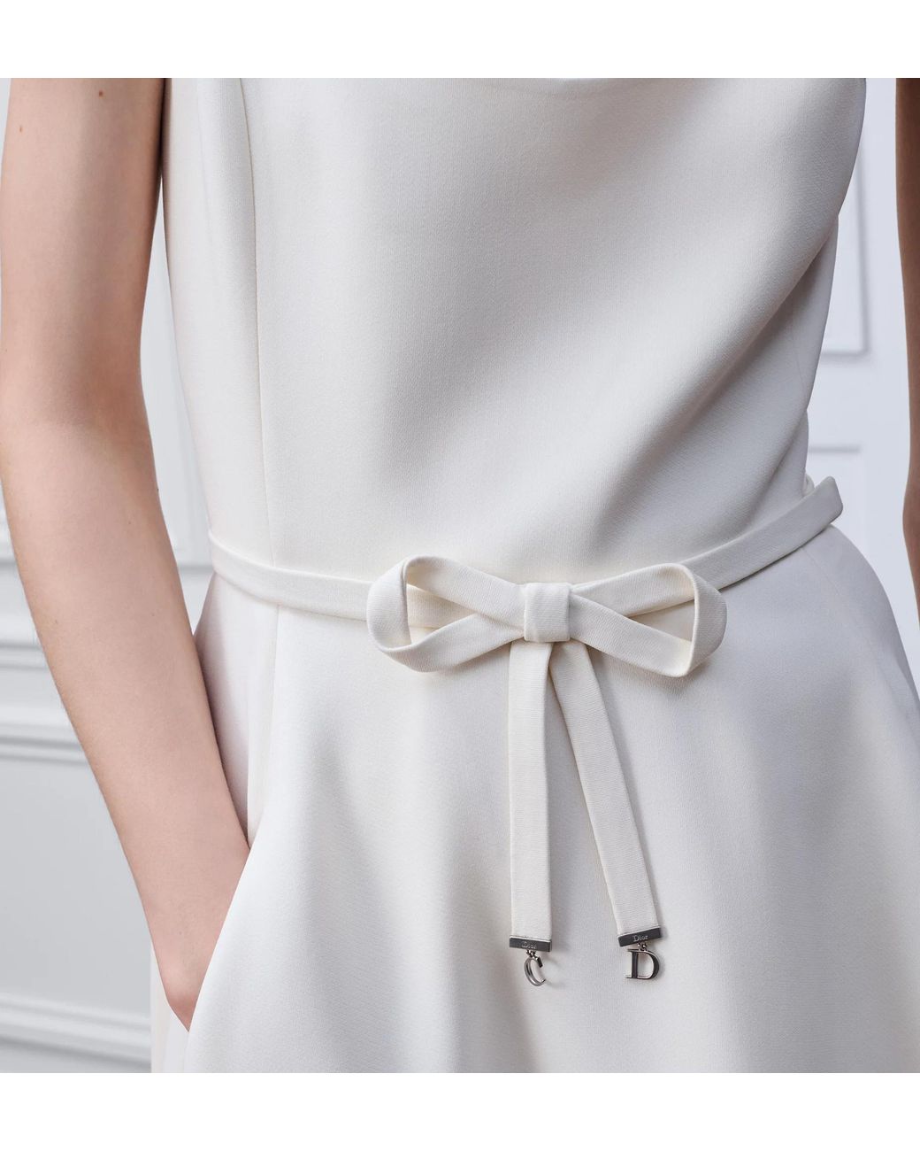 Dior White Belted Lace-Hem Dress