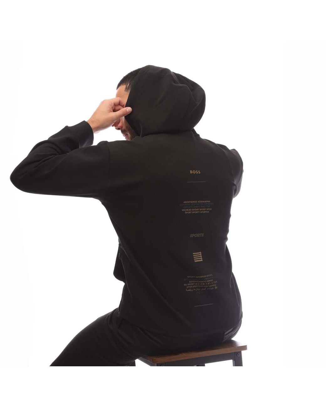 Boss Black Printed Artwork Zip-Up Hoodie for men