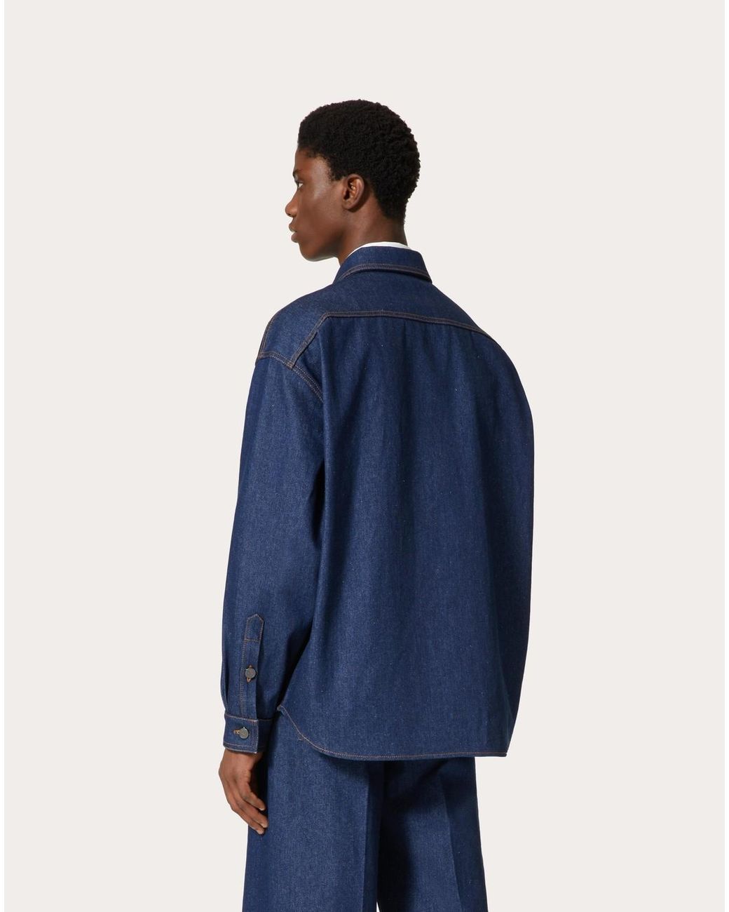 Valentino Blue Logo Patch Long-Sleeved Denim Shirt for men