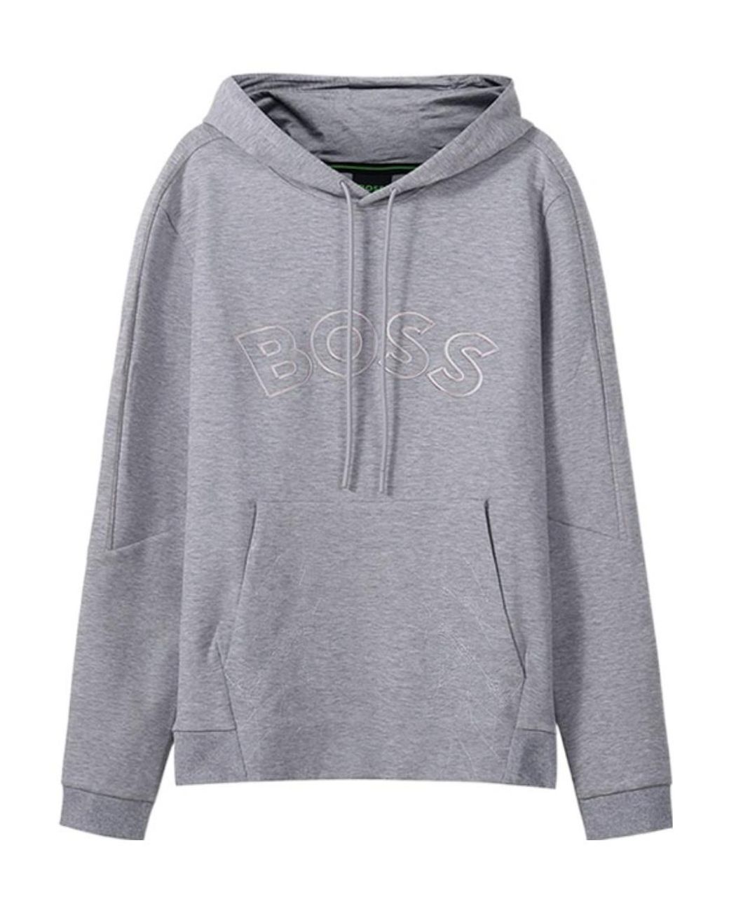 Boss Gray Curved Logo-Embroidered Drawstring Hoodie for men