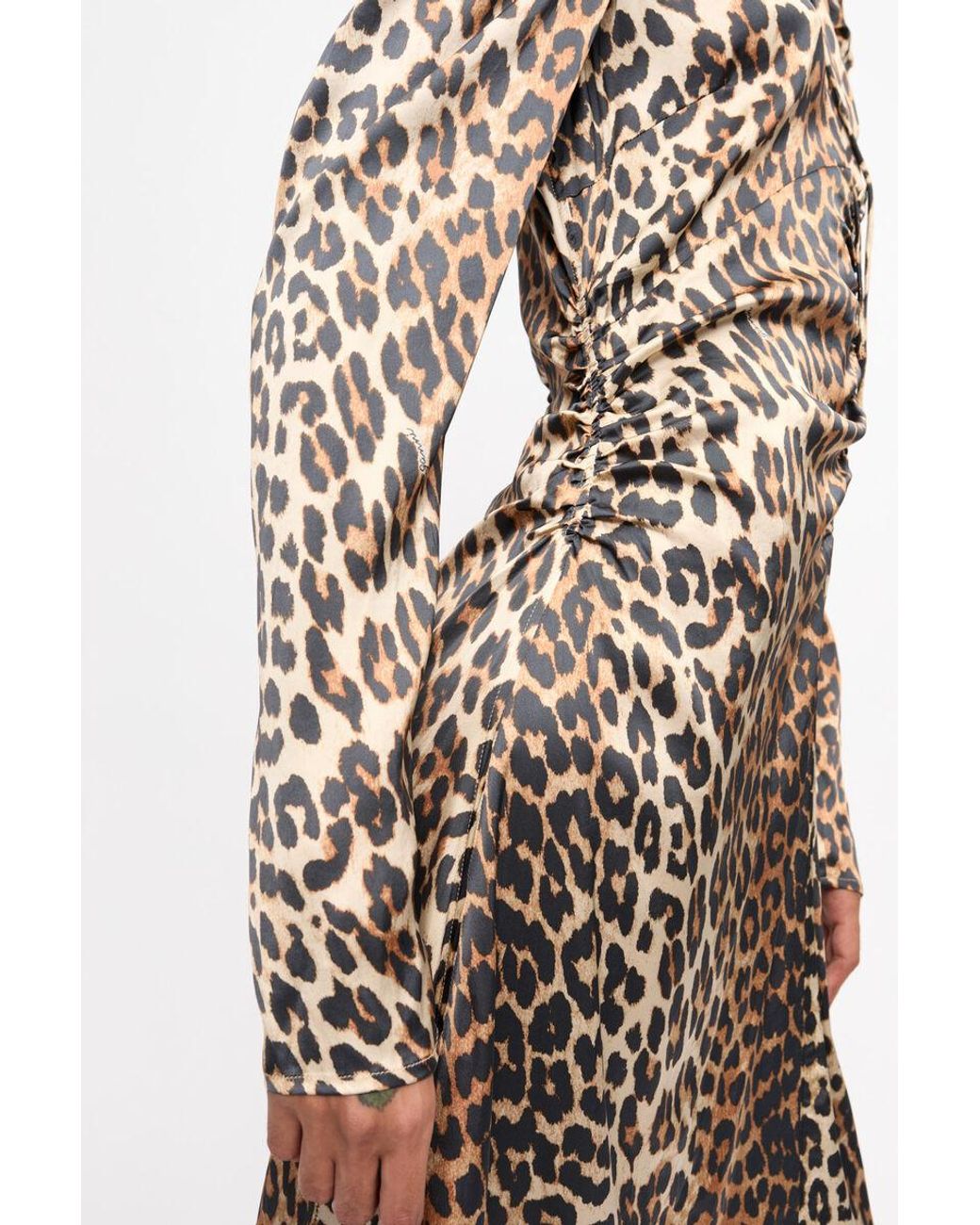 Ganni Multicolor Leopard Print Satin Ruched Midi Dress