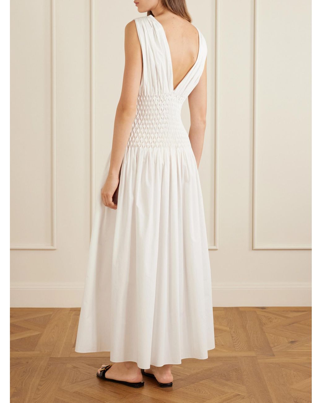 Khaite White Ruched Cotton-Poplin Midi Dress