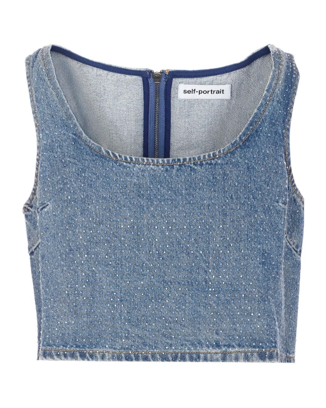 Self-Portrait Blue Embellished Denim Cropped Top