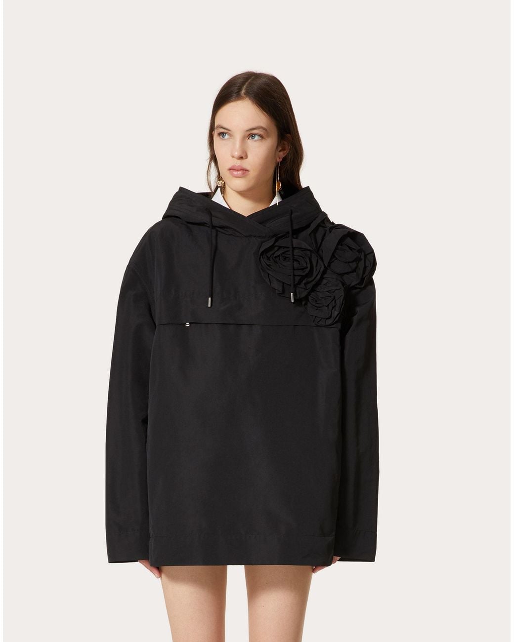 Valentino Black Floral-Appliqué Drawstring Jacket