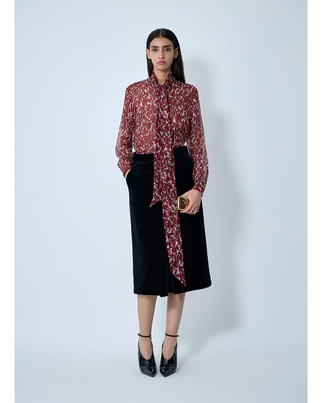 Saint Laurent Black Velours Vintage Midi Skirt