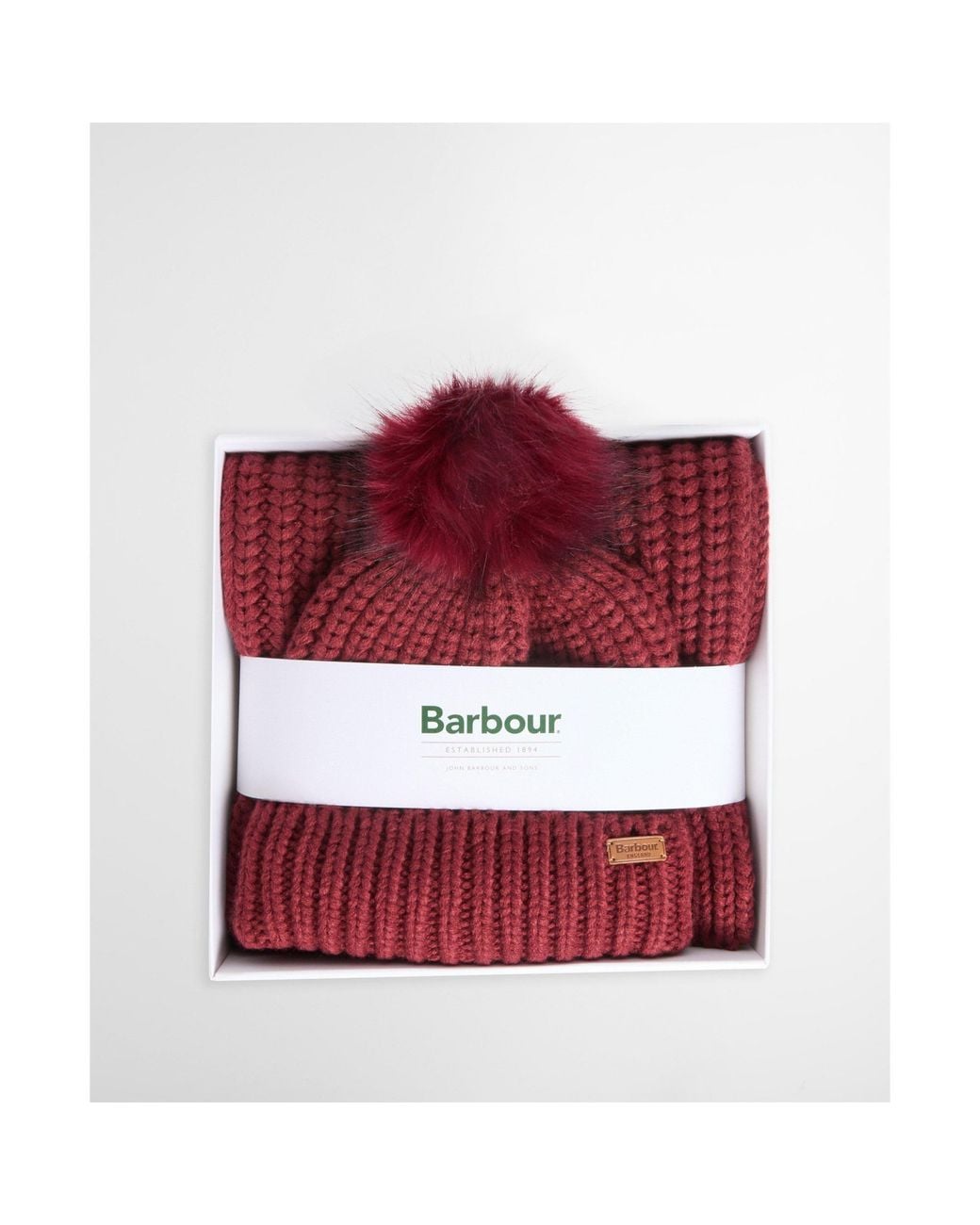 Barbour Red Knitted Beanie And Scarf Set