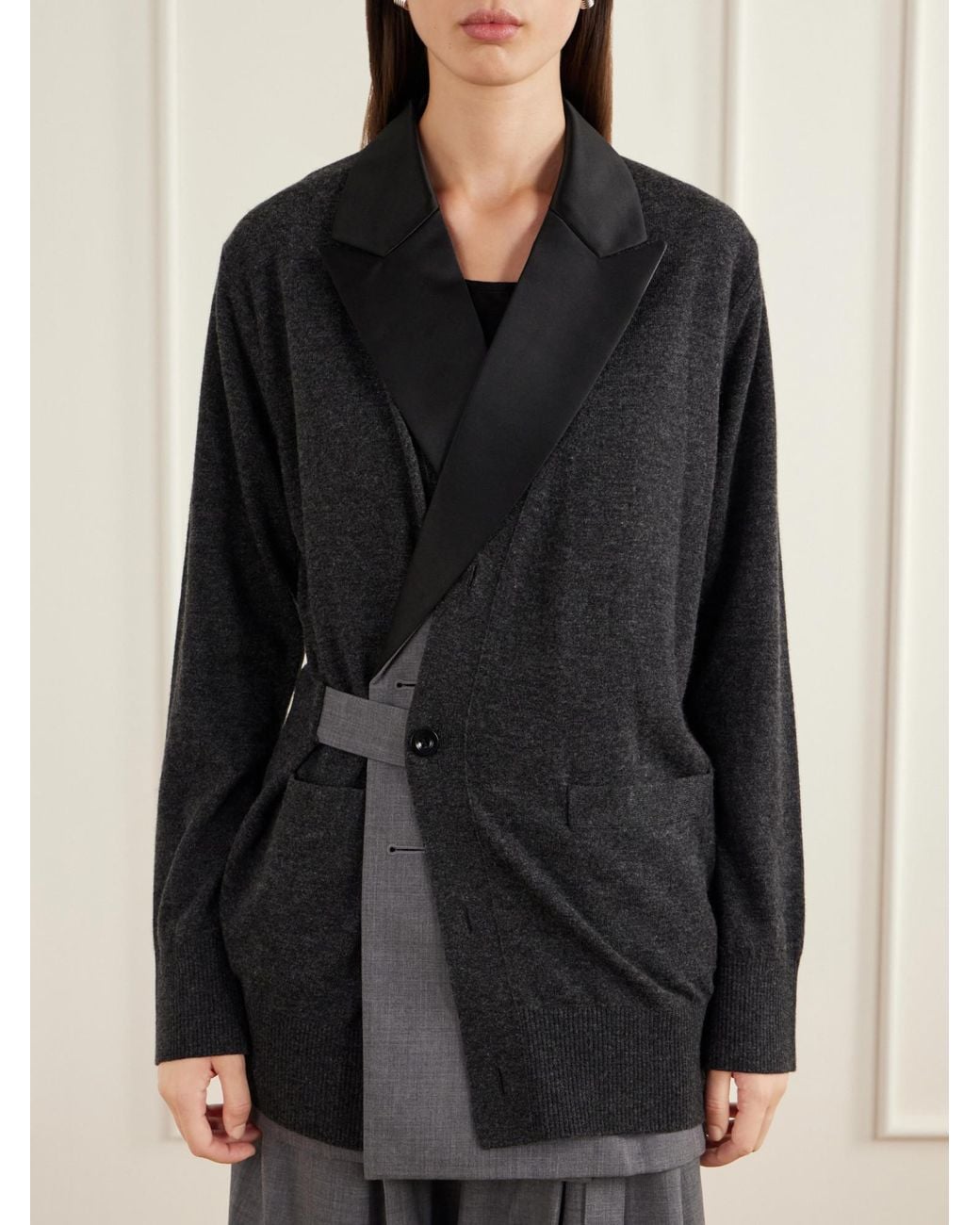 Sacai Black Satin-Trimmed Wool Cardigan