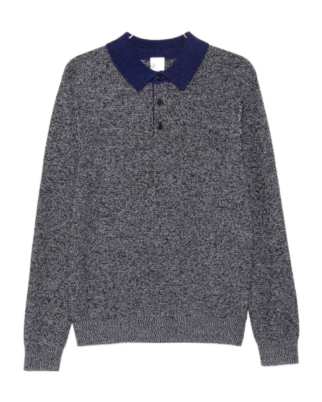 Paul Smith Blue Marled-Knit Long-Sleeve Polo Shirt for men
