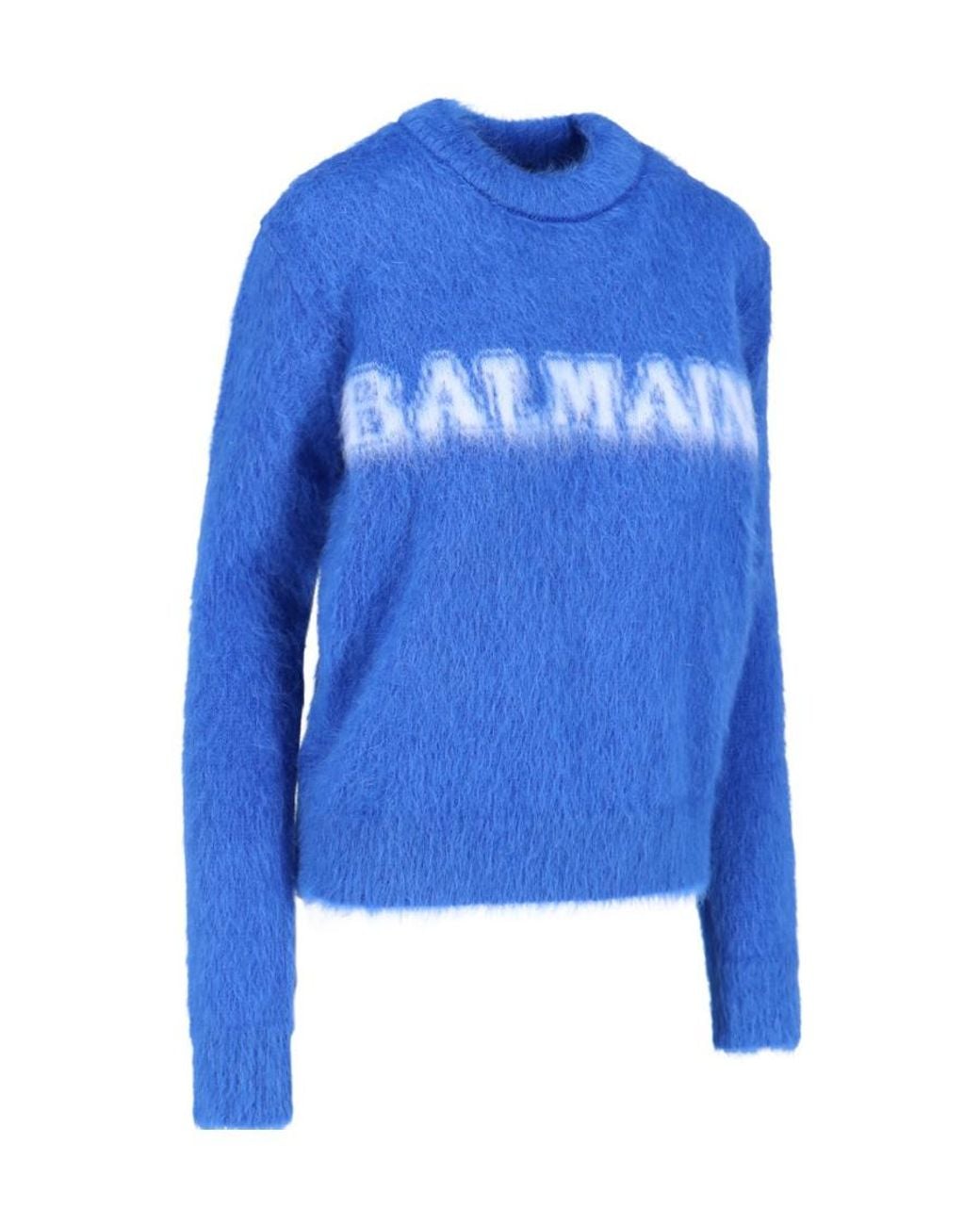 Balmain Blue Logo Jacquard Crewneck Knitted Jumper