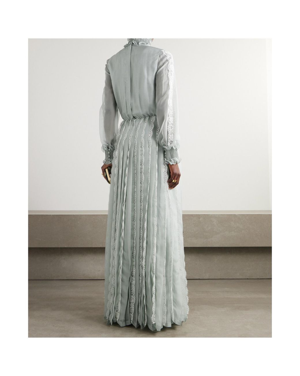 Valentino Gray Ruffled Lace-Trimmed Pleated Silk-Chiffon Gown