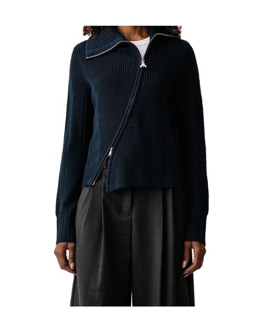 Patrizia Pepe Blue Asymmetric-Zip Knitted Sweater