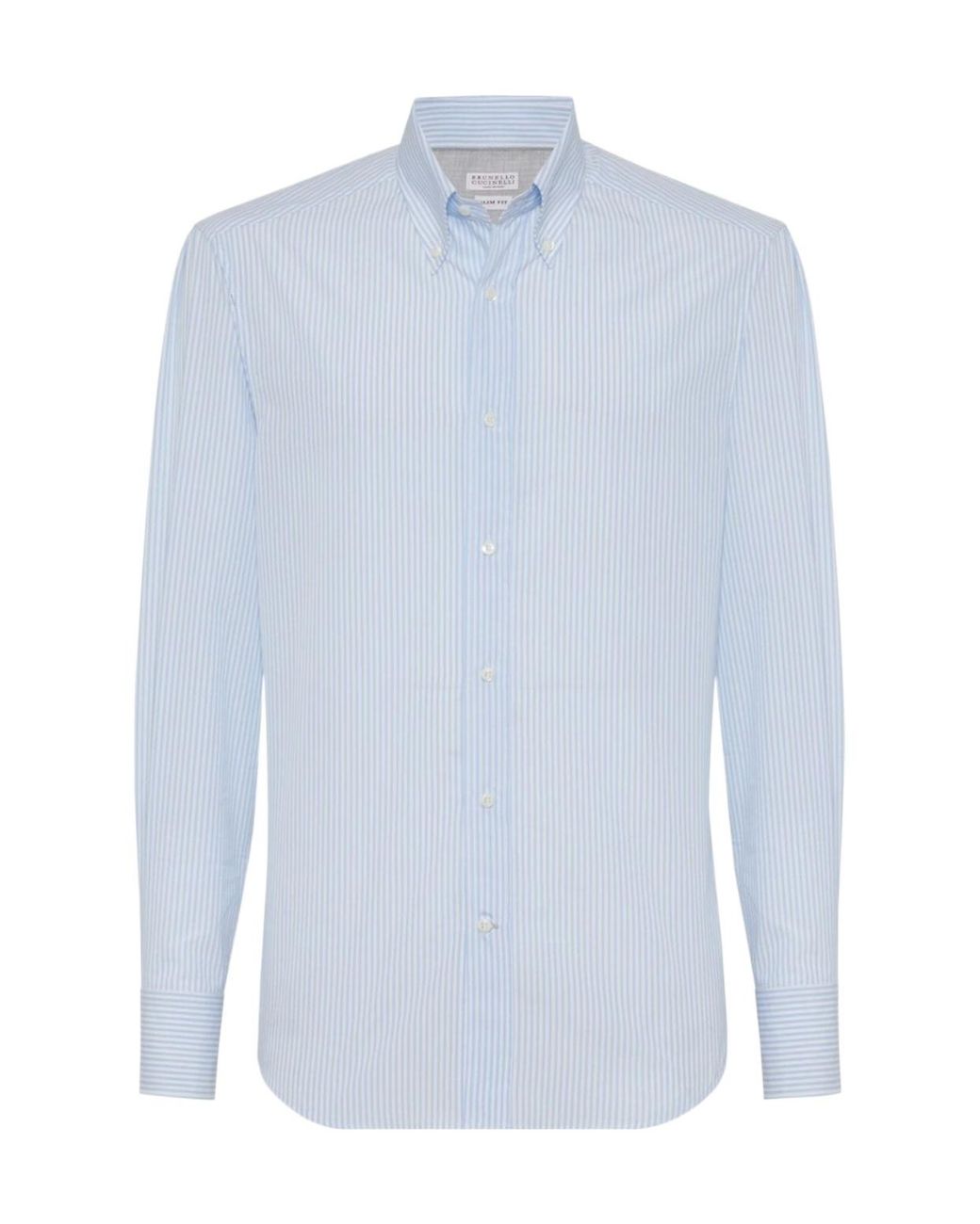Brunello Cucinelli Blue Pinstriped Long-Sleeved Shirt for men