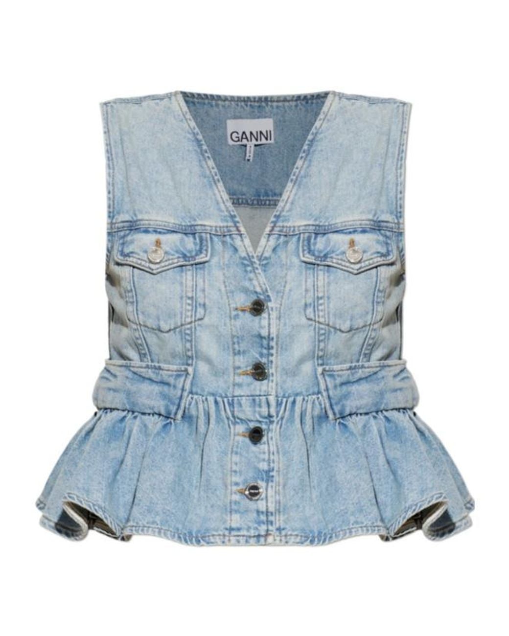 Ganni Blue Peplum Button-Front Denim Vest
