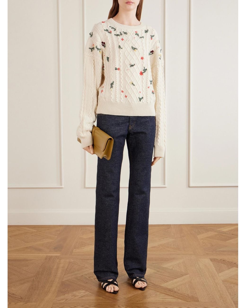 Khaite Natural Floral-Embroidered Cable-Knit Cashmere Sweater