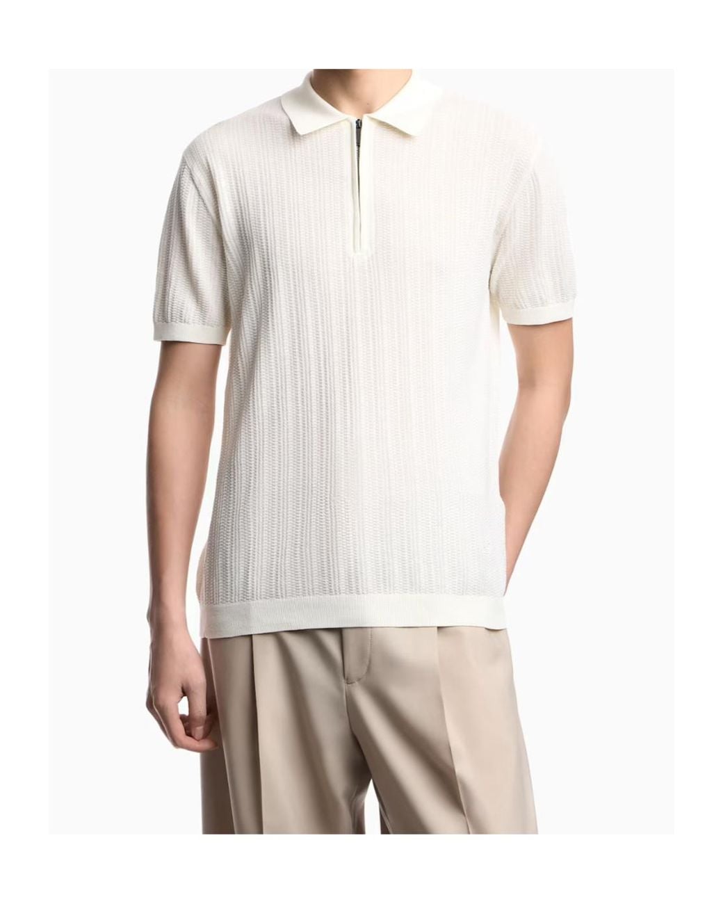 Emporio Armani White Half-Zipped Short-Sleeved Knitted Polo Shirt for men