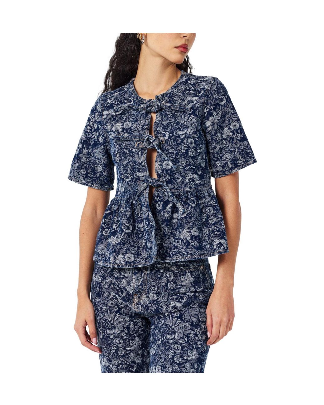 Ganni Blue Cotton Poplin Peplum Tie Blouse