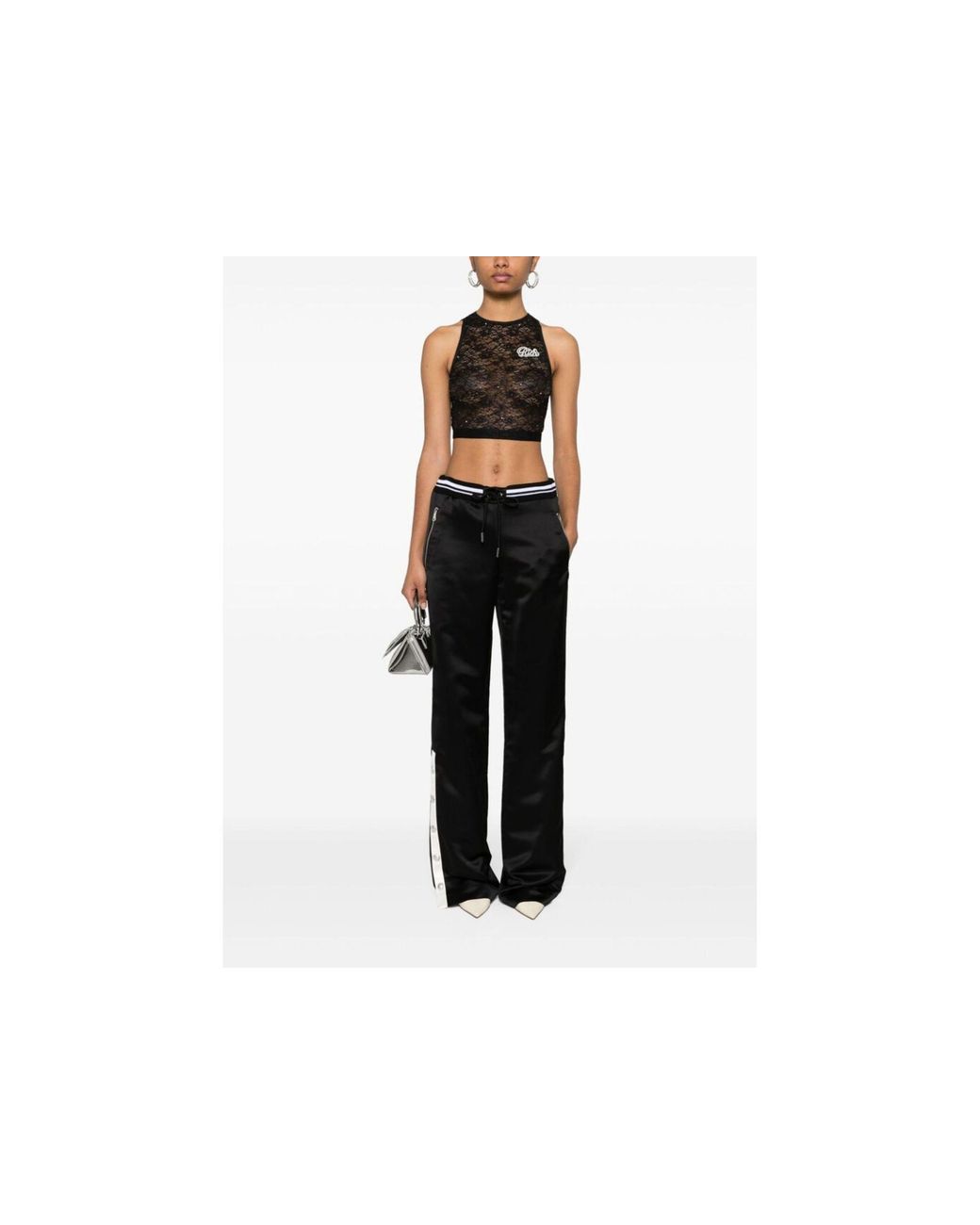 Alessandra Rich Black Sleeveless Cropped Laced Tank Top