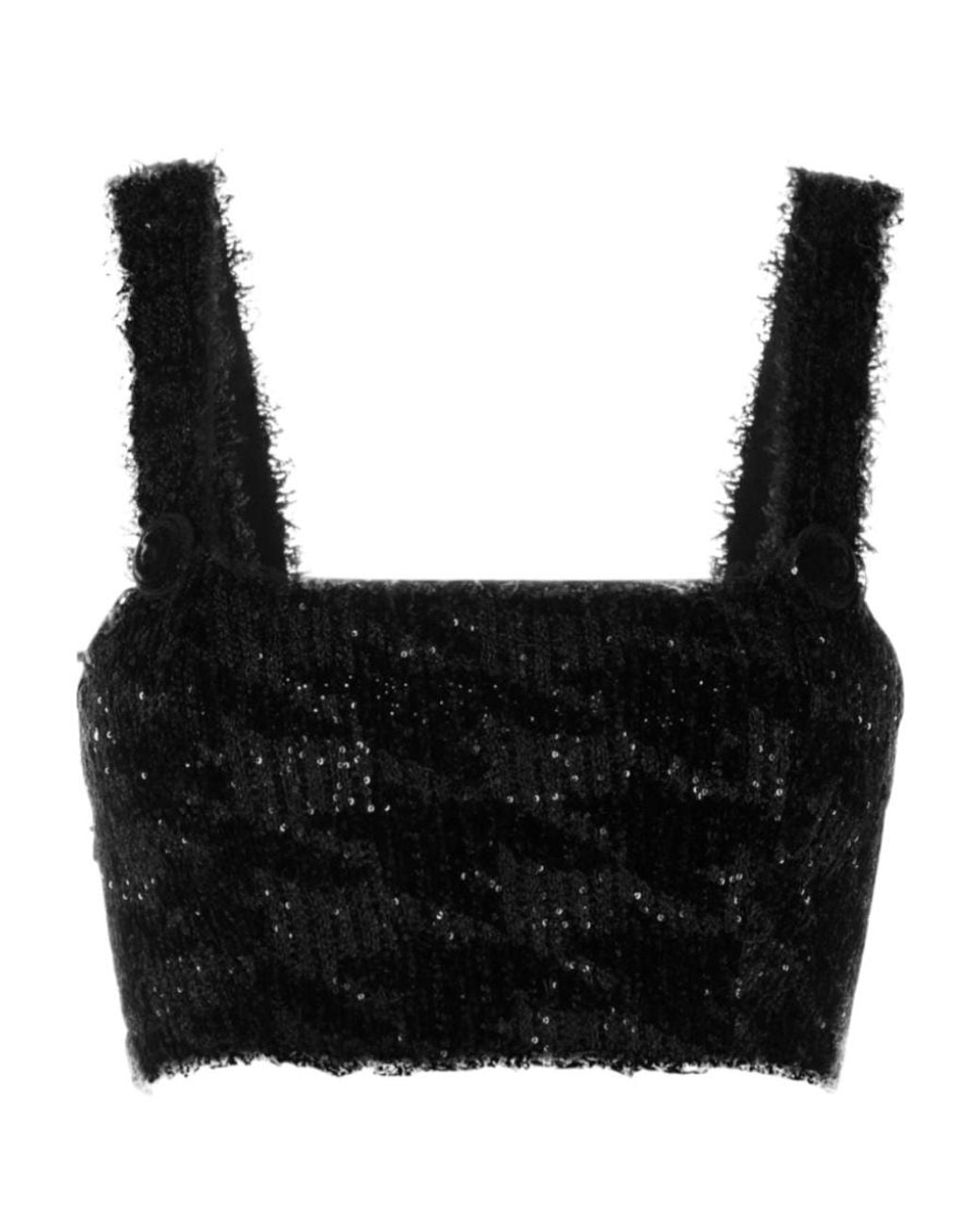 Balmain Black Sequin Knitted Frayed Detailed Top