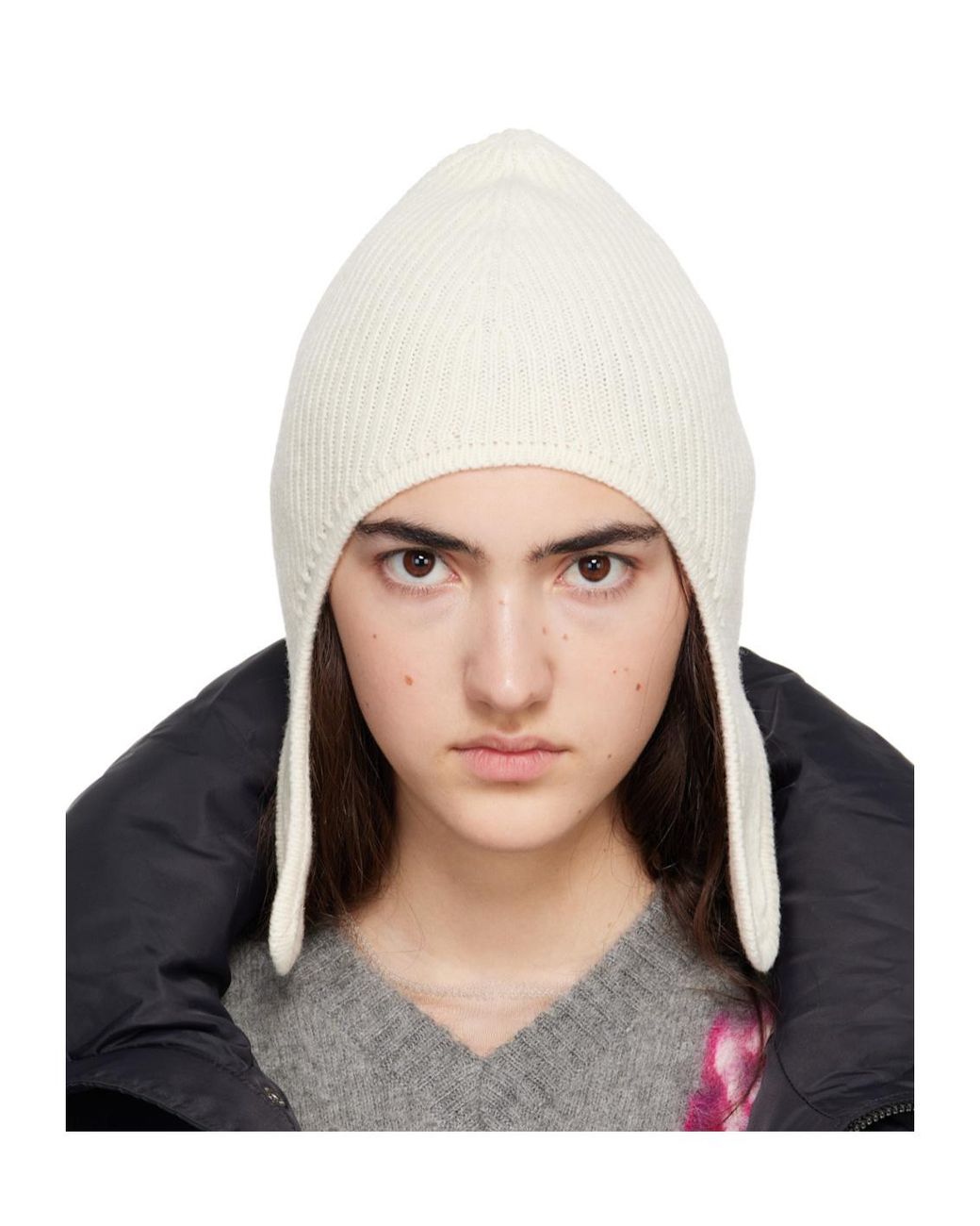 MM6 by Maison Margiela White Ribbed-Knit Button-Fastening Beanie Hat
