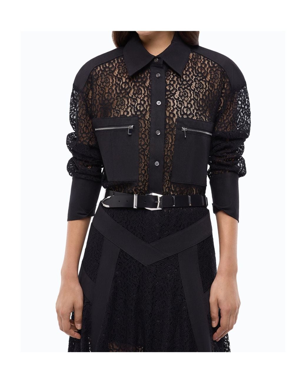 Pinko Black Lace-Panel Zip-Pocket Shirt