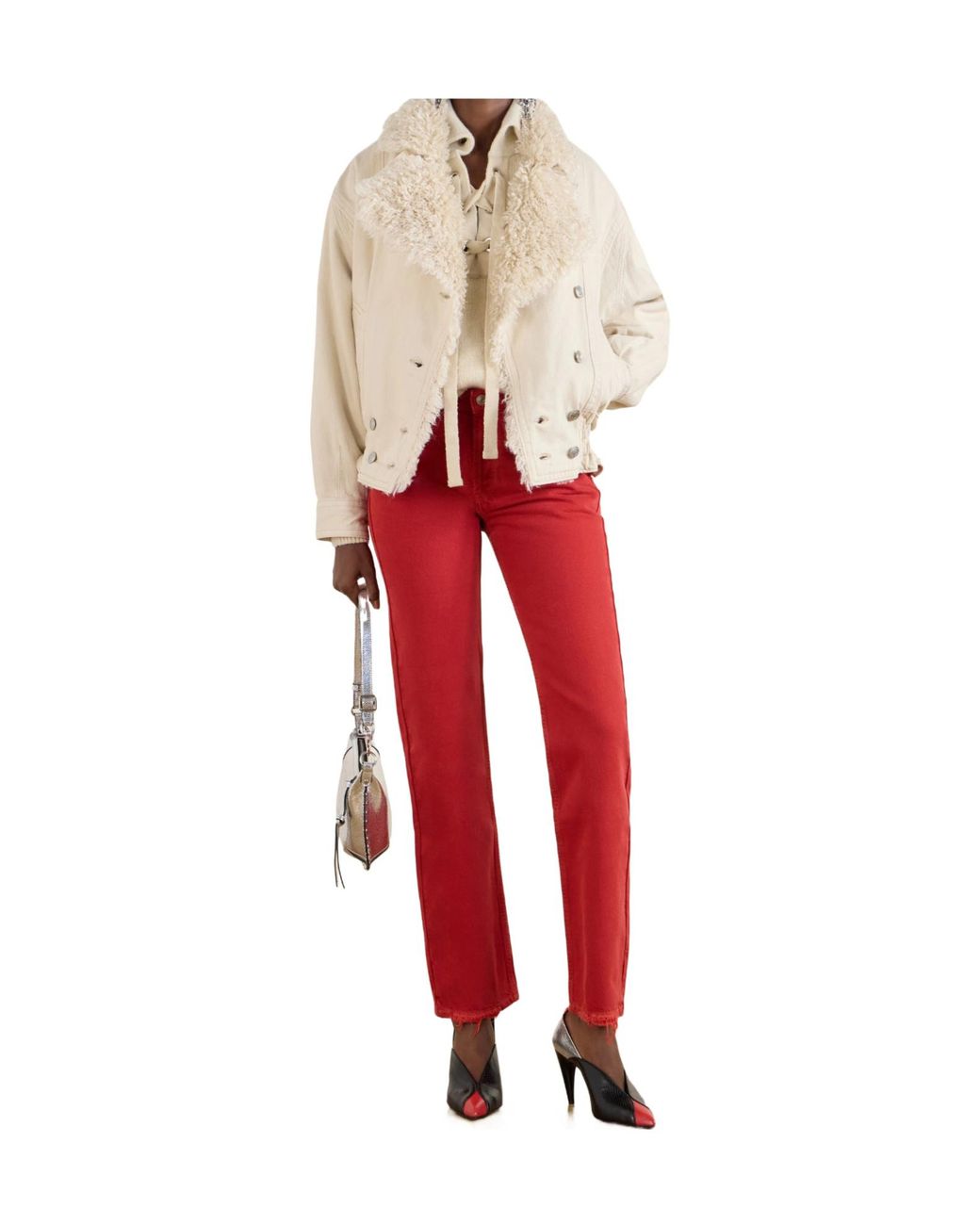 Isabel Marant Natural Valineo Shearling Collar Denim Jacket