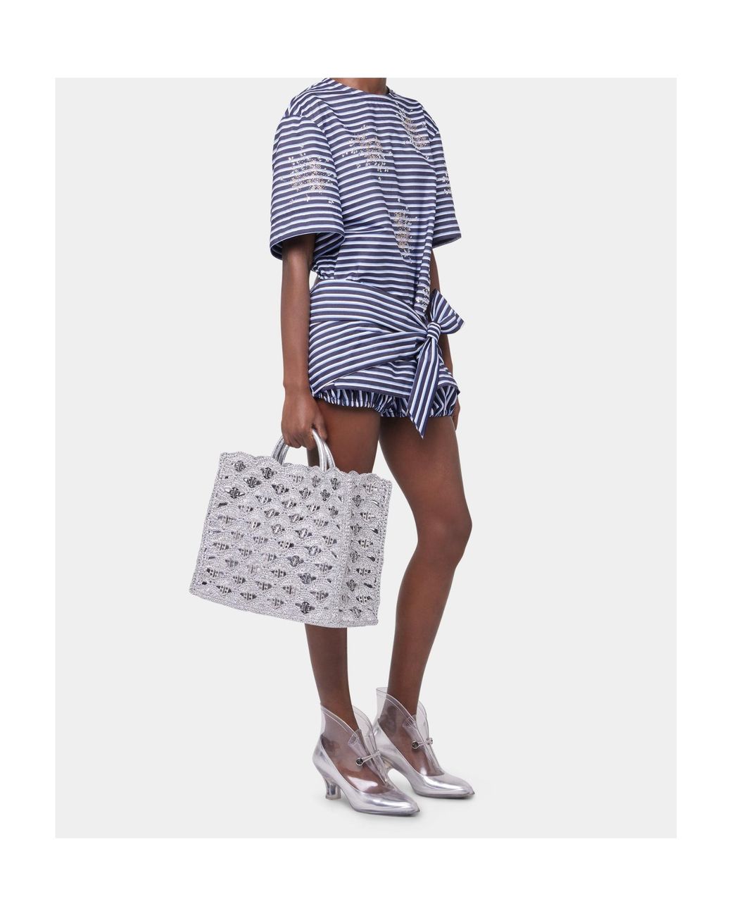 Rabanne Blue Striped Embroidered Poplin T-Shirt