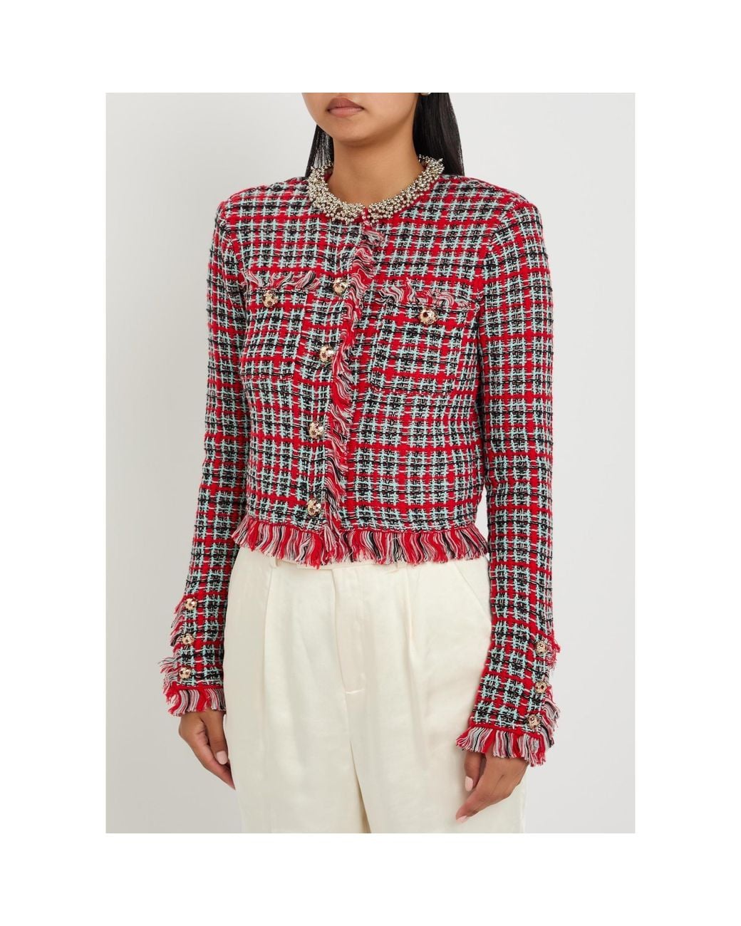 Self-Portrait Red Checked Knit Jacket