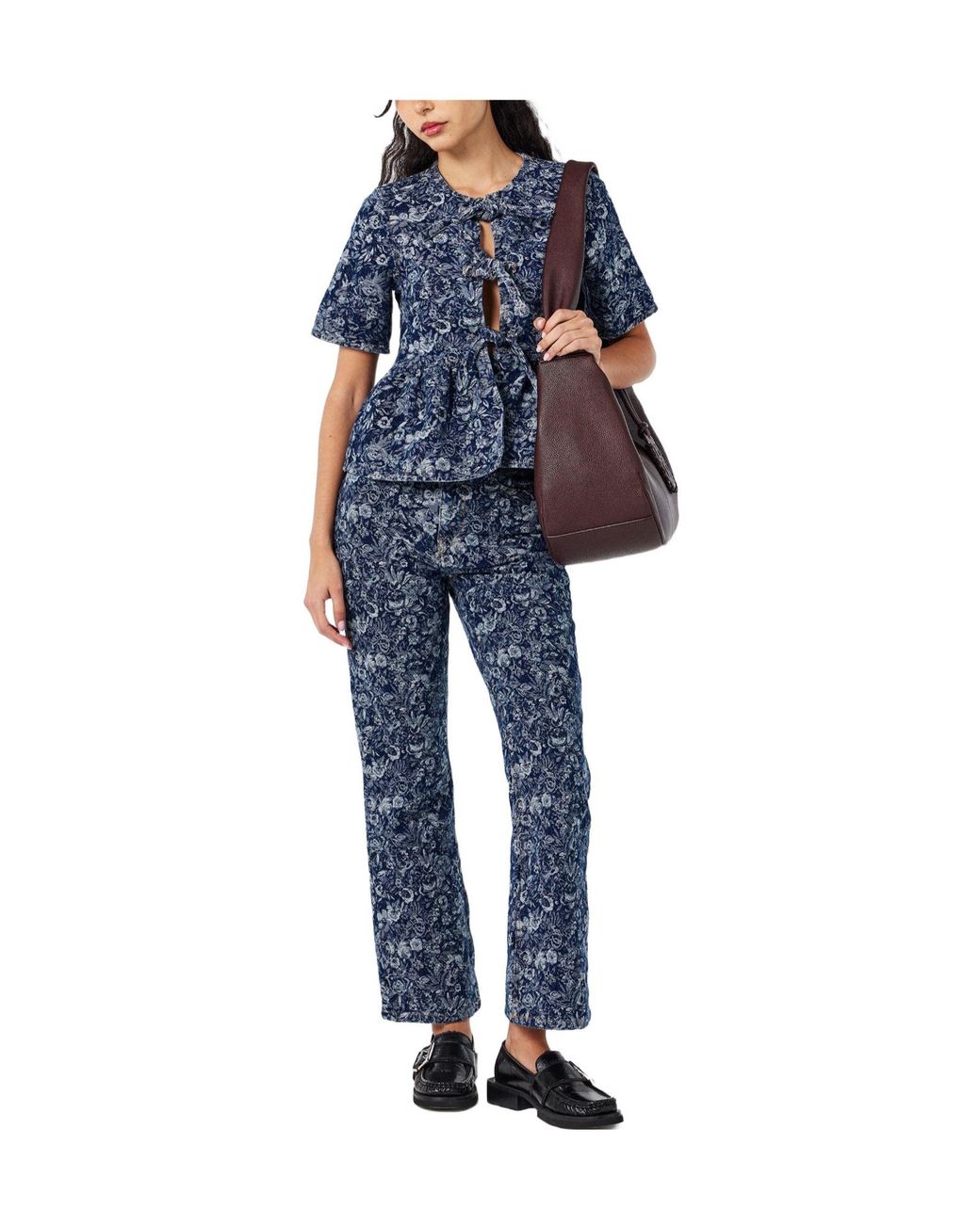 Ganni Blue Cotton Poplin Peplum Tie Blouse