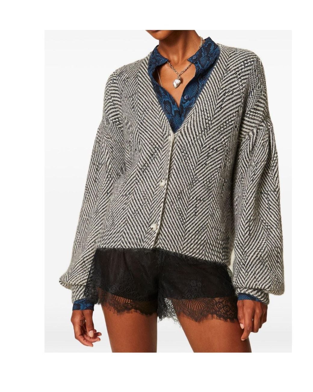 Twinset Gray Cropped Balloon-Sleeve Cardigan