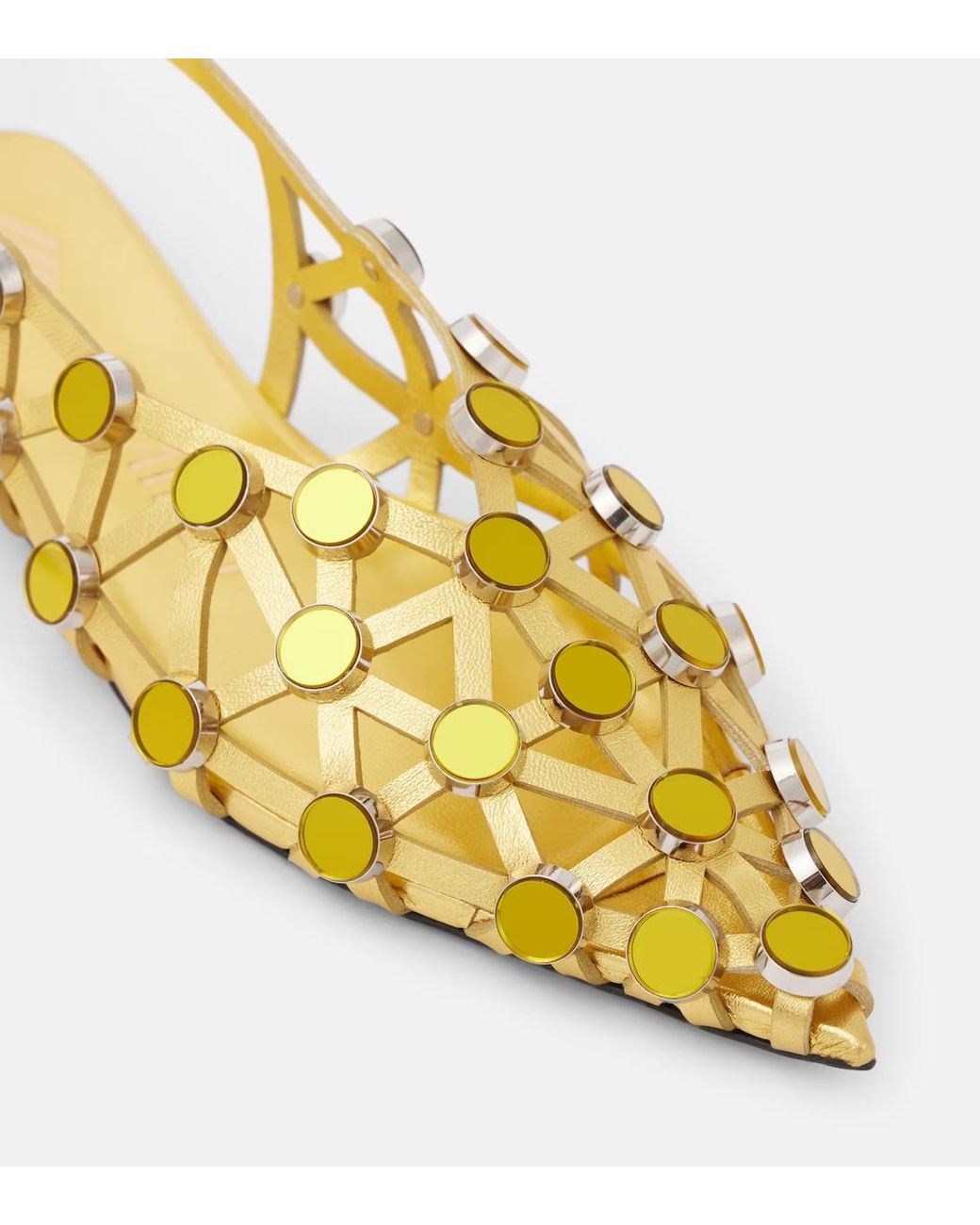 The Attico Yellow Grid Metallic Leather Slingback Flats