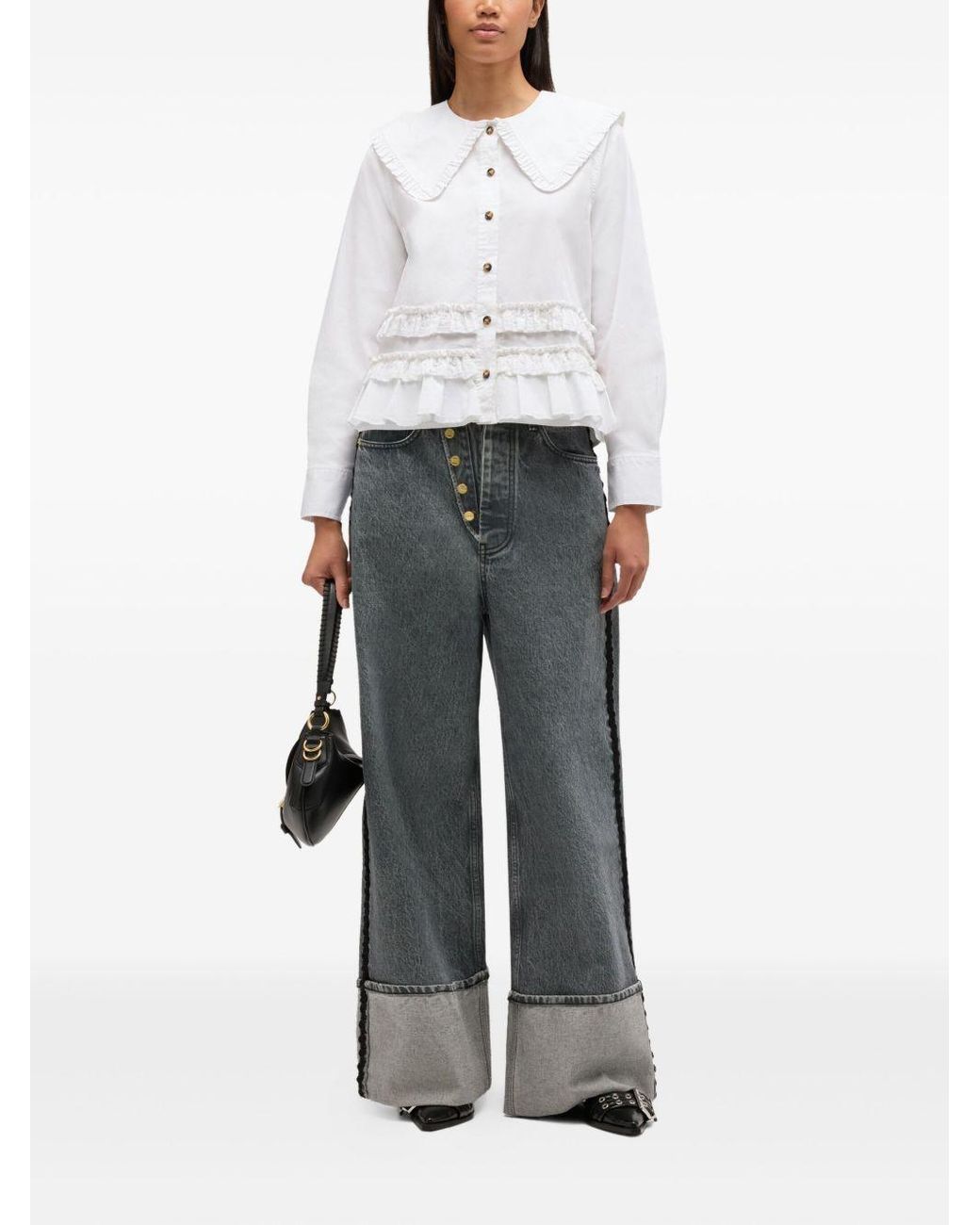 Ganni White Ruffled Long-Sleeved Shirt