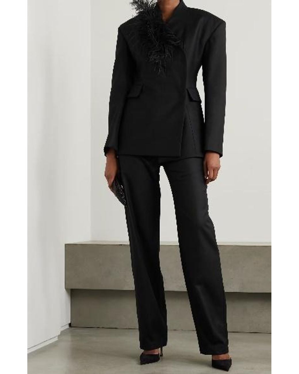 16Arlington Black Feather-Trimmed Twill Suit Jacket