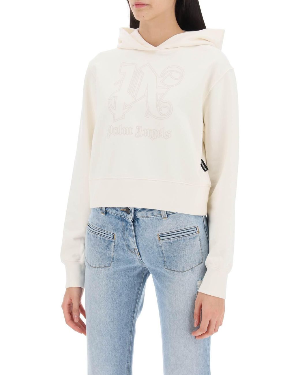 Palm Angels White Monogram Embroidered Cropped Hoodie