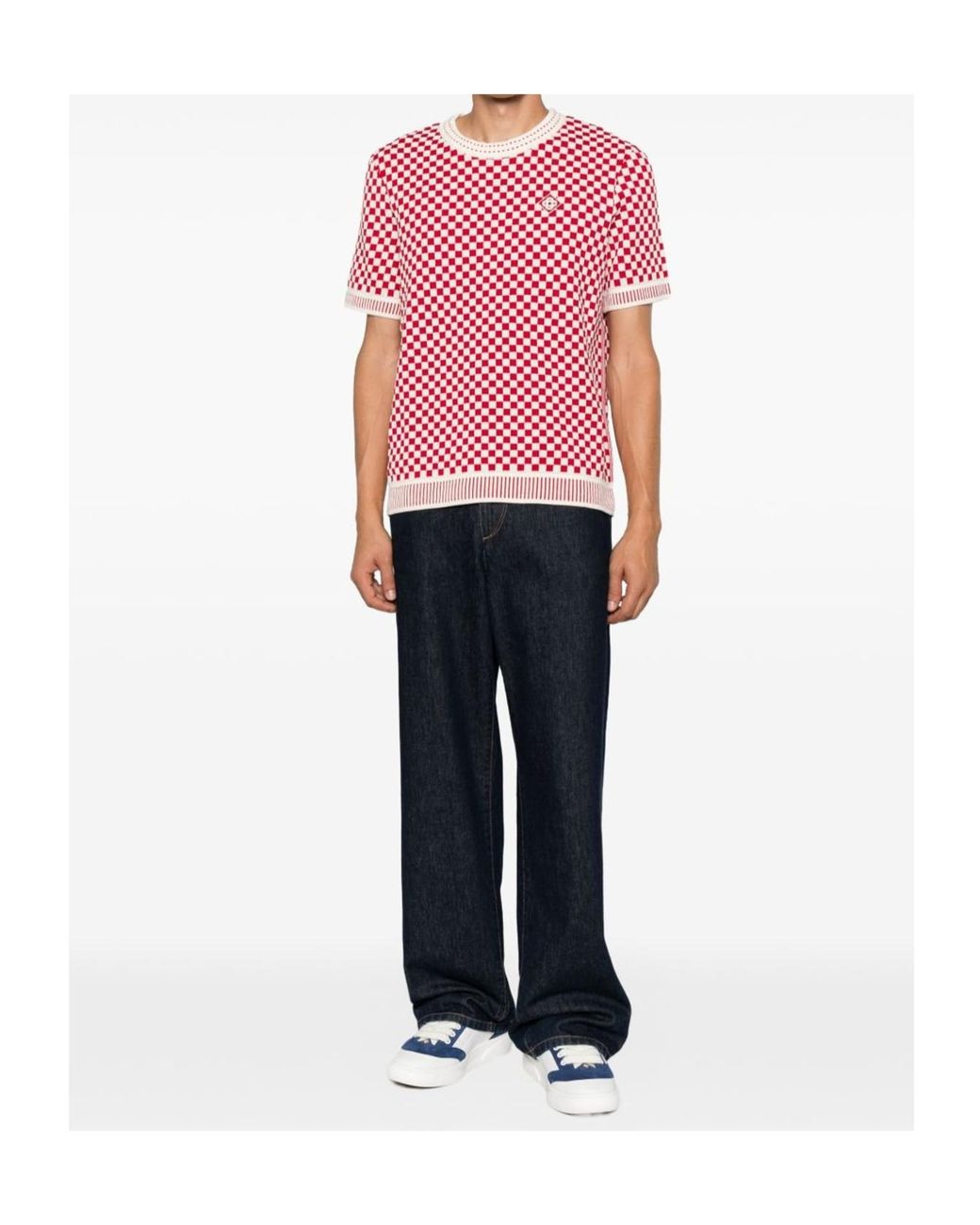 Casablanca Red Checkerboard-Knit Logo-Patch Sweater for men