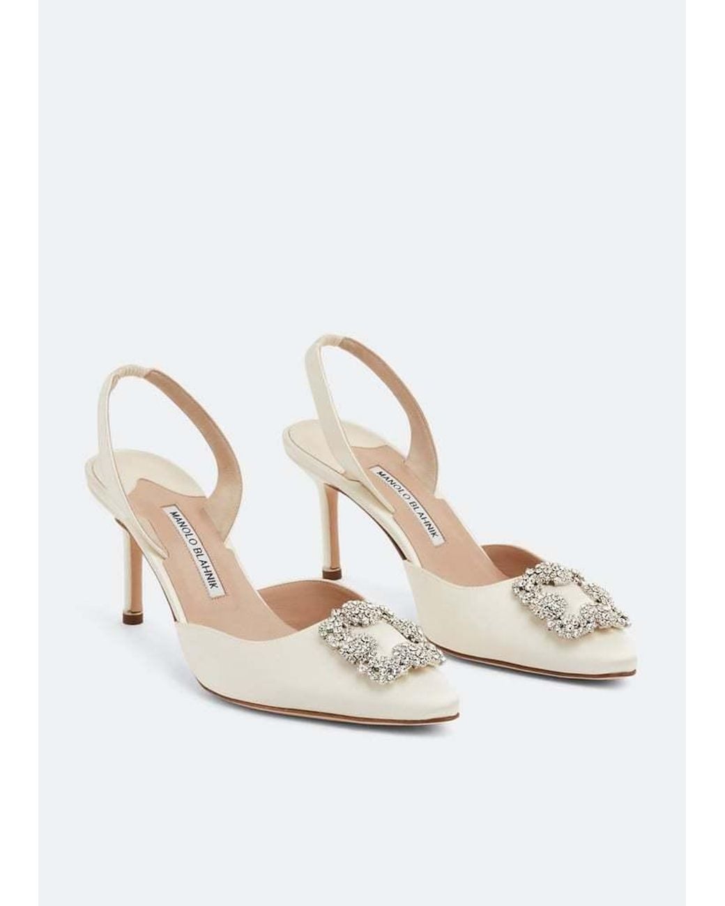 Manolo Blahnik White Crystal Buckle Slingback Heeled Pumps