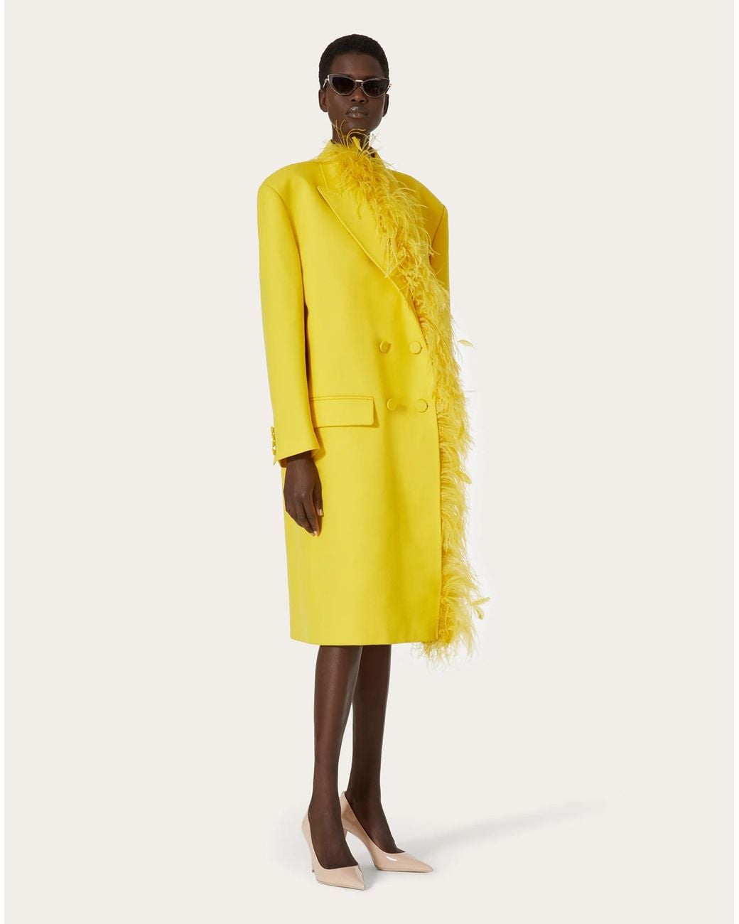 Valentino Yellow Feather-Trim Double-Breasted Wool Coat