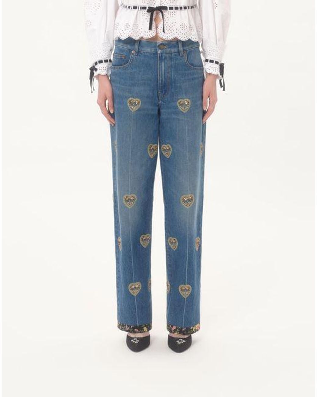 Valentino Blue Heart Embellished Wide Leg Jeans
