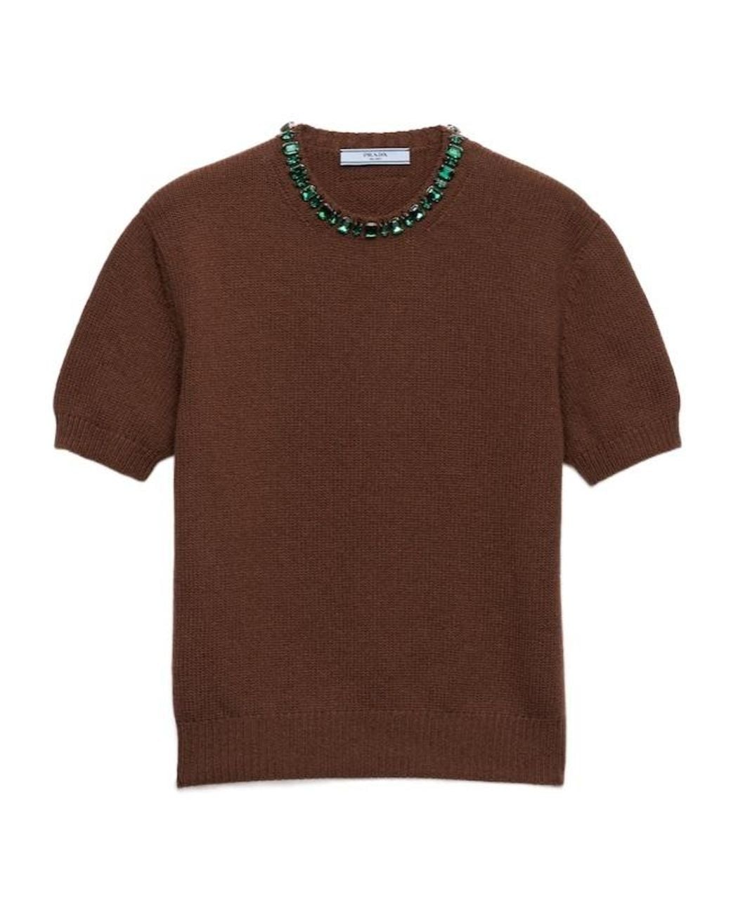 Prada Brown Embellished Short Sleeved Jumper