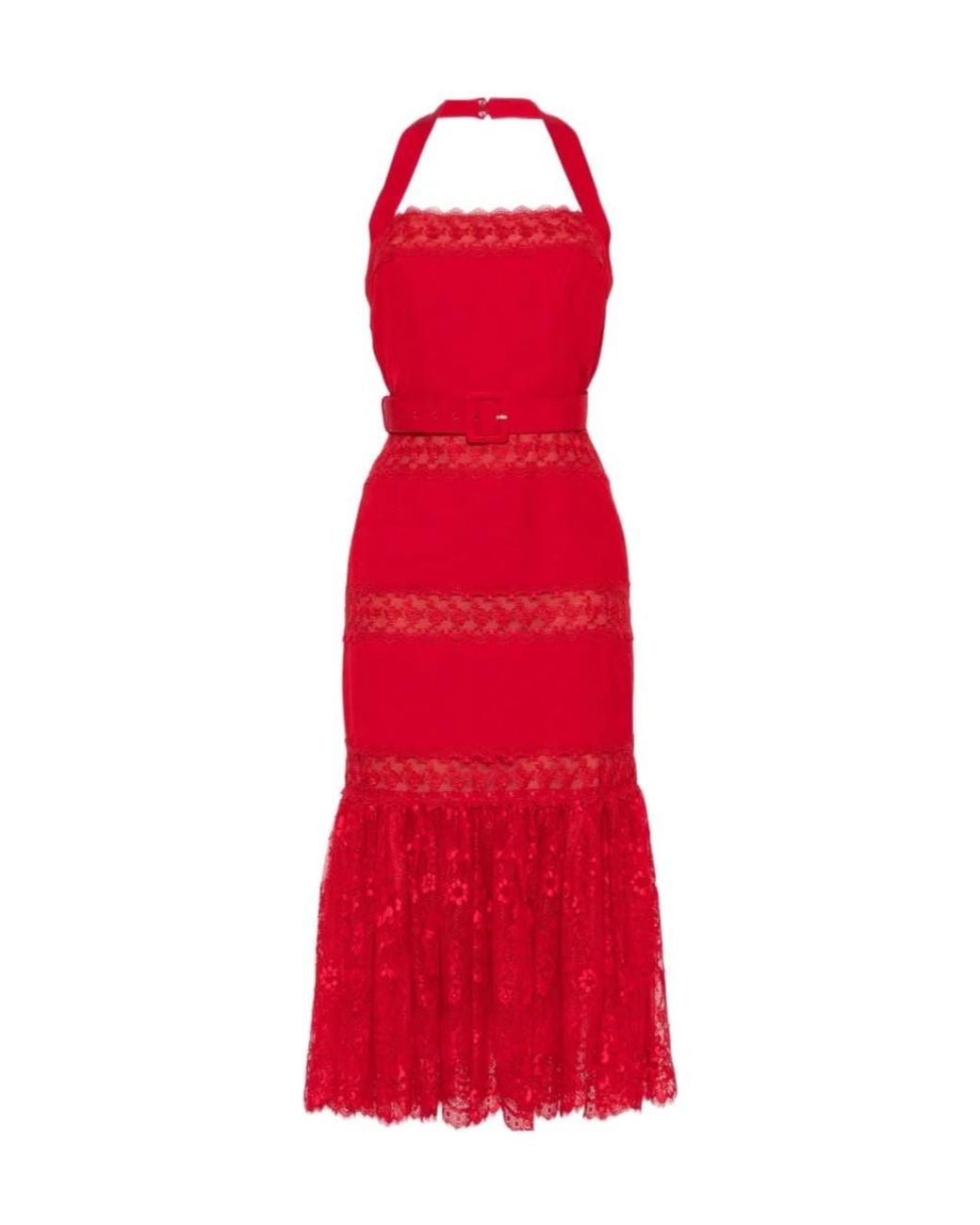 Self-Portrait Red Lace-Panelled Belted Midi Dress