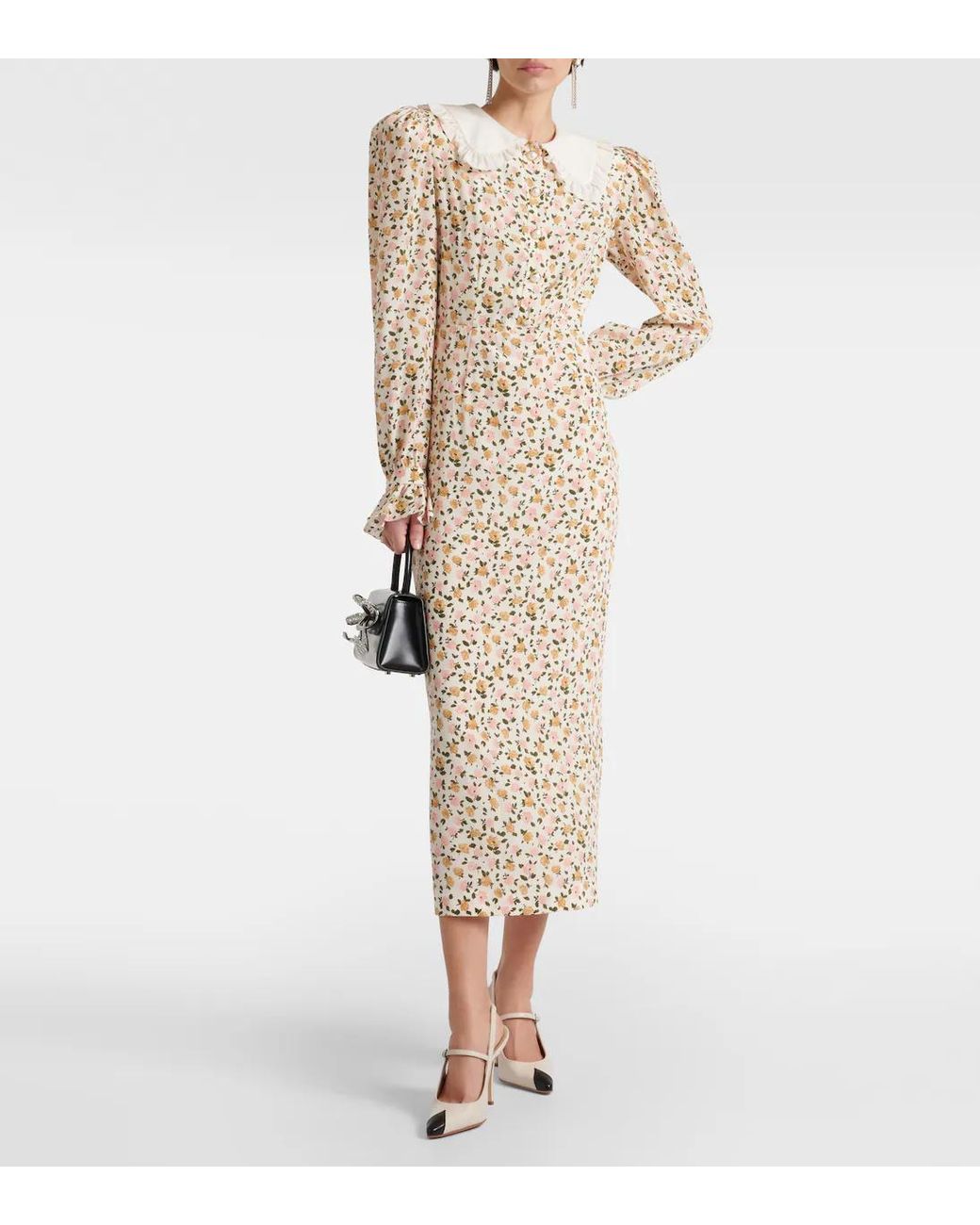 Alessandra Rich Natural Floral Silk Midi Dress