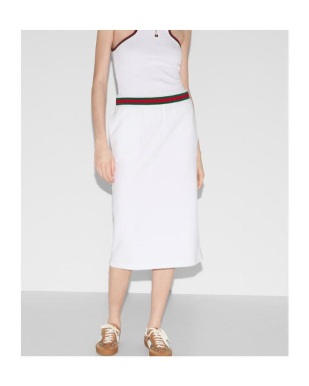 Gucci White Rear Slit Web Stripe Detailed Midi Skirt