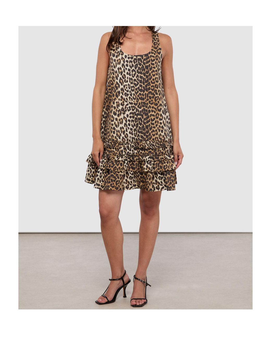 Ganni Brown Ruffled Printed Mini Dress