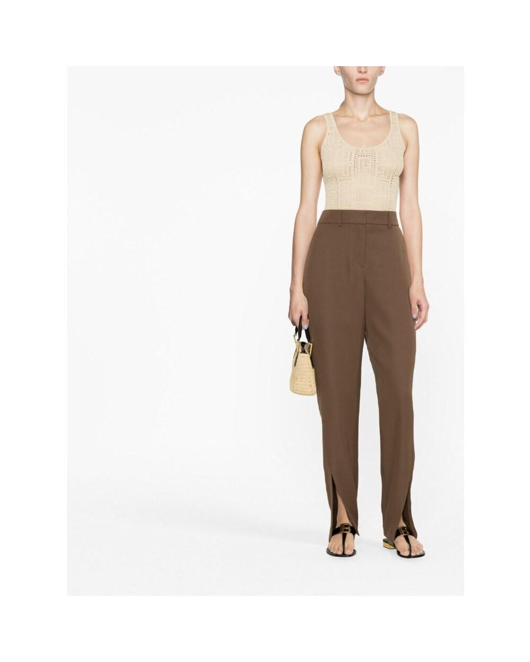 Balmain Brown High Waist Slit Detailed Trousers