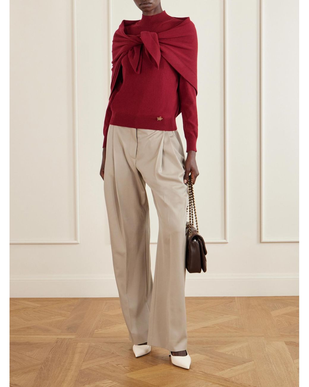Oscar de la Renta Red Scarf-Detailed Cashmere Sweater